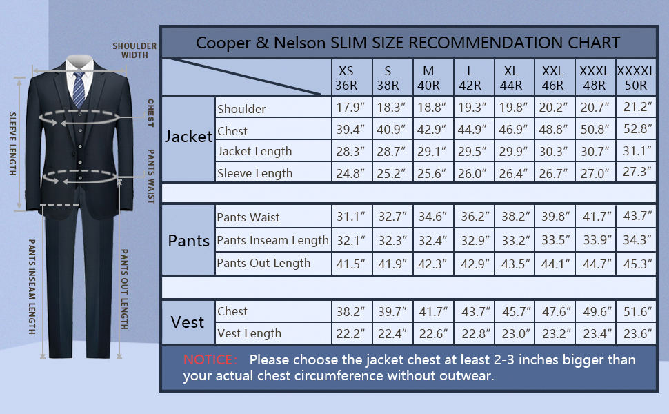 mens suit jacket Size chart