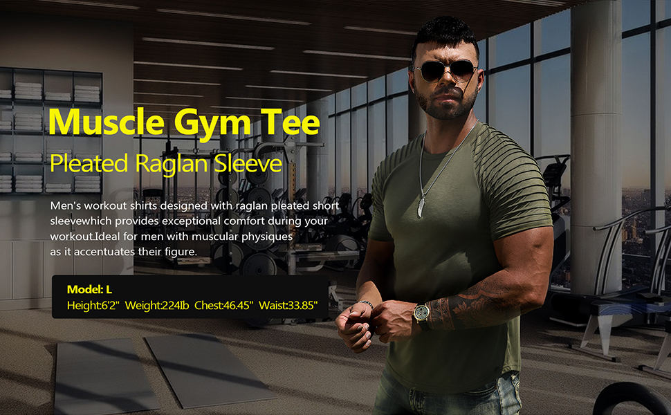  Men's Muscle Workout T-Shirt Pleated Raglan Short Sleeve Gym Athletic  Fashion Tee Top