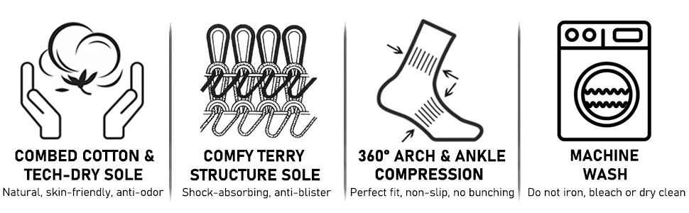 combed cotton tech-dry terry sole, arch support compression, machine wash