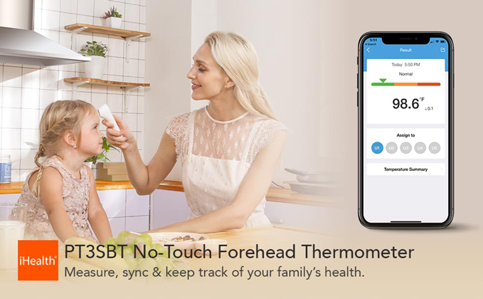 PT3SBT No Touch Forehead Thermometer - Measure, sync and keep track of your family's health.